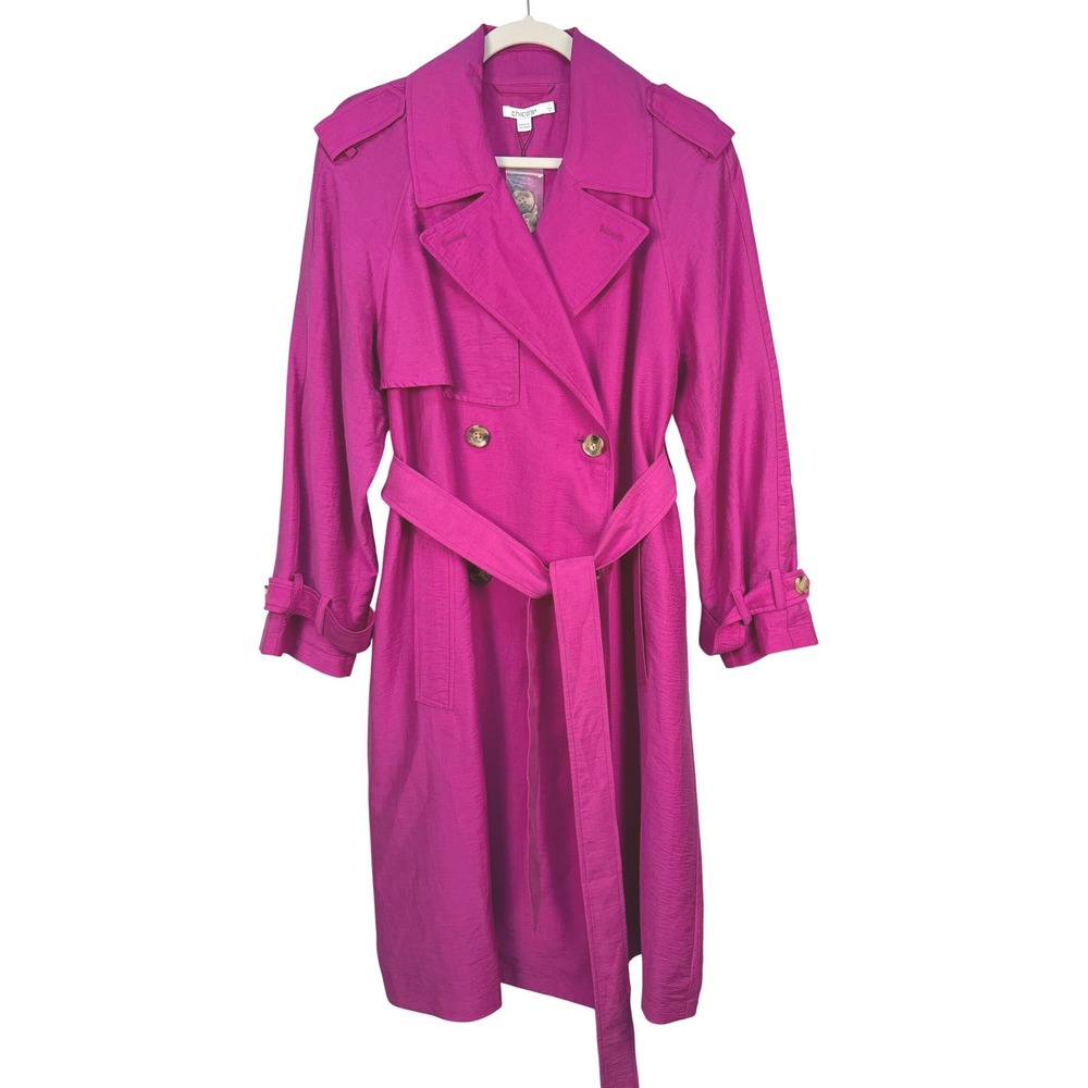 Chicos Women Pink Double Breasted Trench Coat Size 1 Medium Barbiecore Vibrant